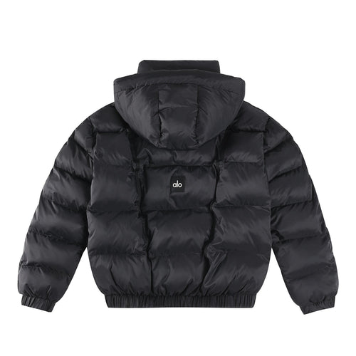 ALO StripedRemovable HoodWaist – DefiningWater – ResistantCroppedPuffer Jacket Women's – Black