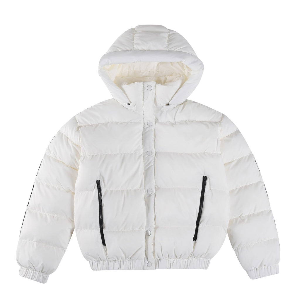 ALO StripedRemovable HoodWaist – DefiningWater – ResistantCroppedPuffer Jacket Women's – White
