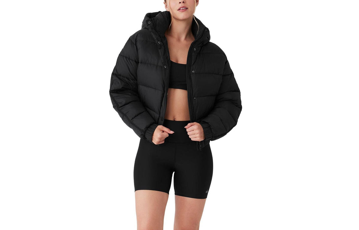 ALO StripedRemovable HoodWaist – DefiningWater – ResistantCroppedPuffer Jacket Women's – Black