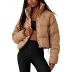 ALO Solid – ColorStand – CollarWarmAdjustableDrawstringLong – SleevePuffer Jacket Women's – Khaki