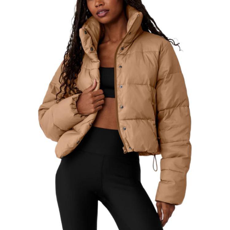 ALO Solid – ColorStand – CollarWarmAdjustableDrawstringLong – SleevePuffer Jacket Women's – Khaki