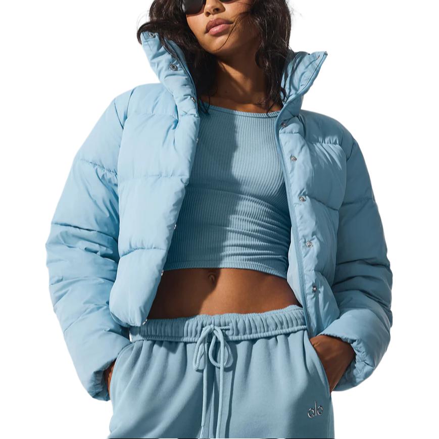 ALO Solid – ColorStand – CollarWarmAdjustableDrawstringLong – SleevePuffer Jacket Women's – Sky Blue