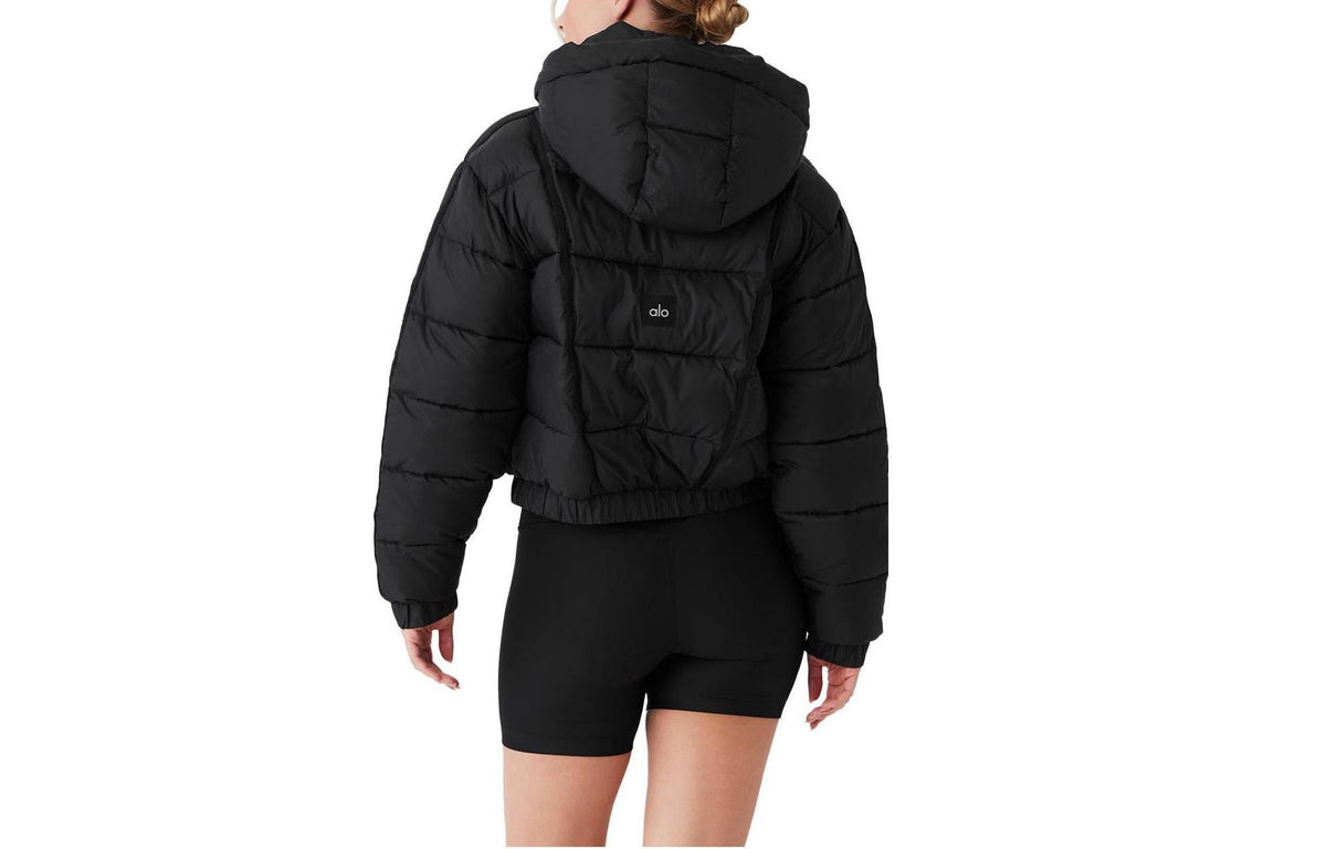 ALO StripedRemovable HoodWaist – DefiningWater – ResistantCroppedPuffer Jacket Women's – Black