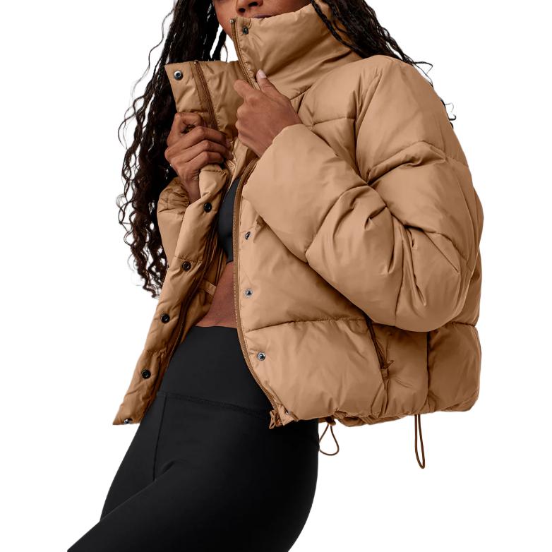ALO Solid – ColorStand – CollarWarmAdjustableDrawstringLong – SleevePuffer Jacket Women's – Khaki