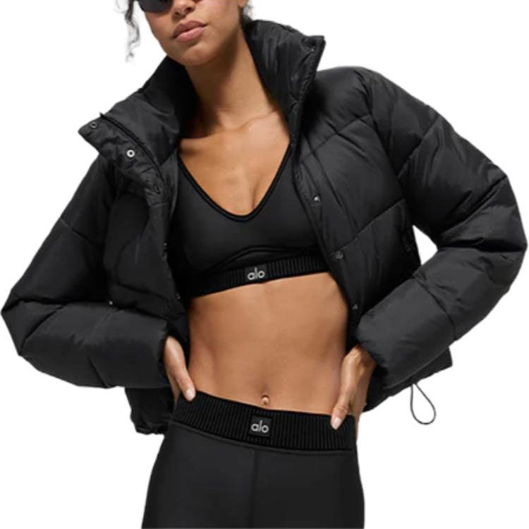 ALO Solid – ColorStand – CollarWarmAdjustableDrawstringLong – SleevePuffer Jacket Women's – Black