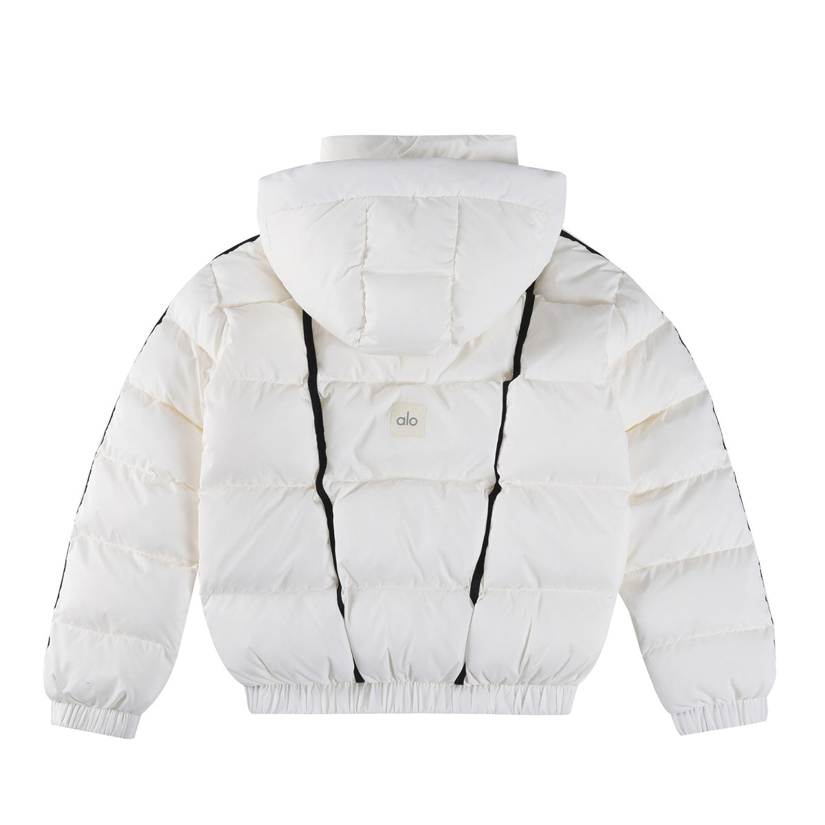 ALO StripedRemovable HoodWaist – DefiningWater – ResistantCroppedPuffer Jacket Women's – White