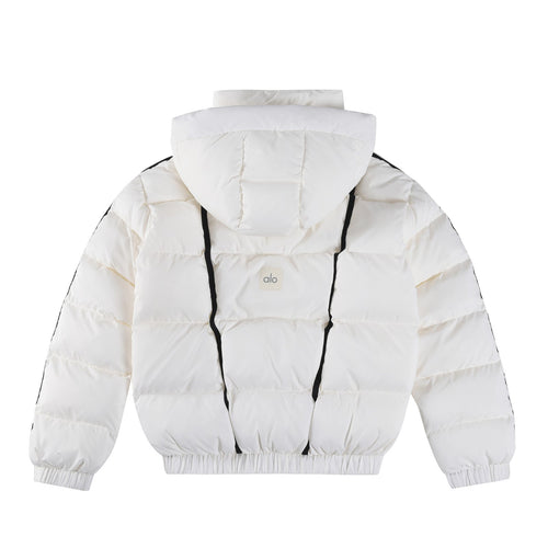 ALO StripedRemovable HoodWaist – DefiningWater – ResistantCroppedPuffer Jacket Women's – White