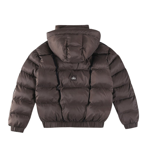ALO StripedRemovable HoodWaist – DefiningWater – ResistantCroppedPuffer Jacket Women's – Dark Coffee