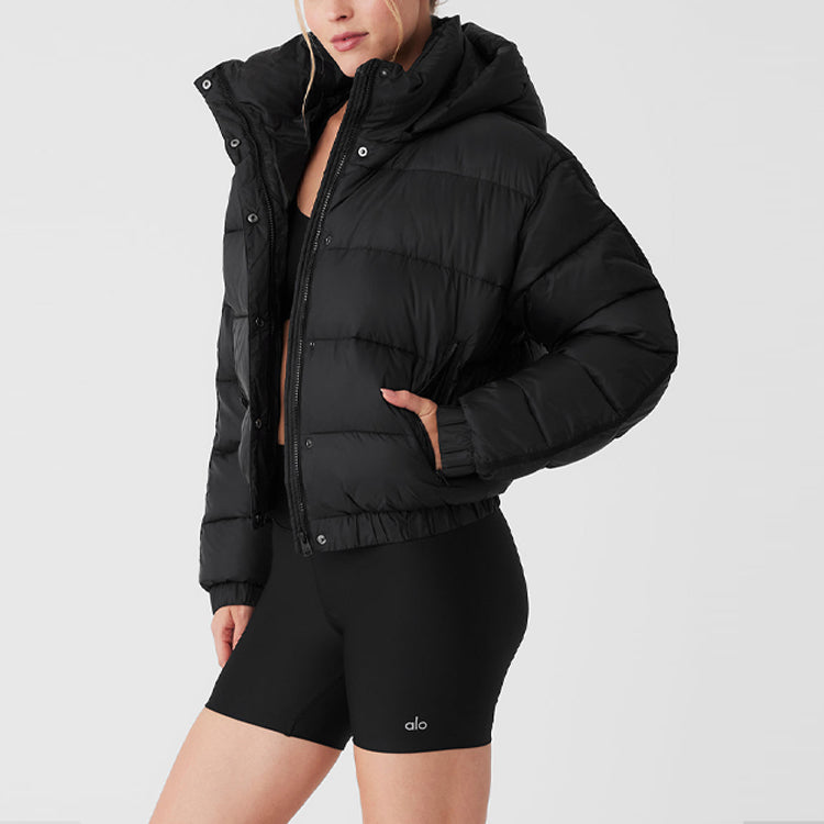 ALO StripedRemovable HoodWaist – DefiningWater – ResistantCroppedPuffer Jacket Women's – Black