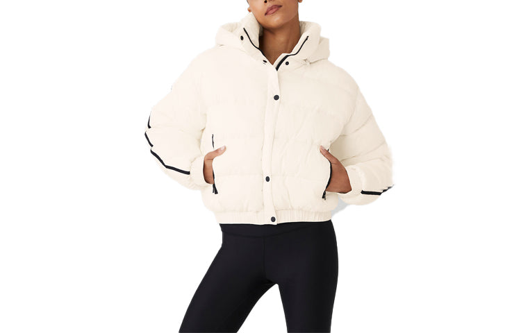ALO StripedRemovable HoodWaist – DefiningWater – ResistantCroppedPuffer Jacket Women's – White