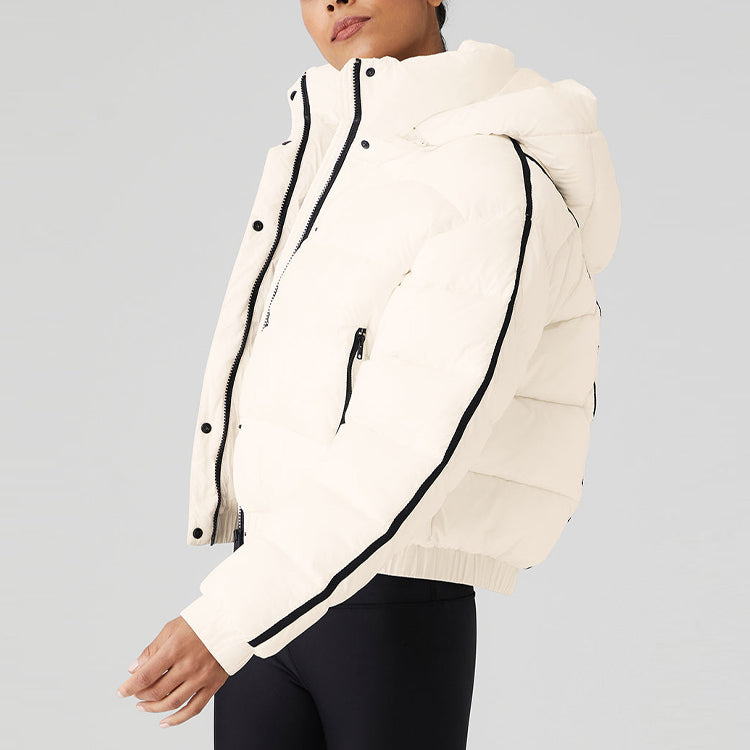 ALO StripedRemovable HoodWaist – DefiningWater – ResistantCroppedPuffer Jacket Women's – White