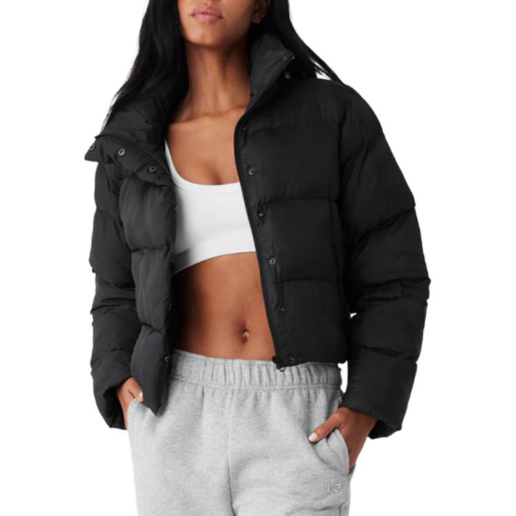 ALO Solid – ColorStand – CollarWarmAdjustableDrawstringLong – SleevePuffer Jacket Women's – Black