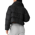 ALO Solid – ColorStand – CollarWarmAdjustableDrawstringLong – SleevePuffer Jacket Women's – Black