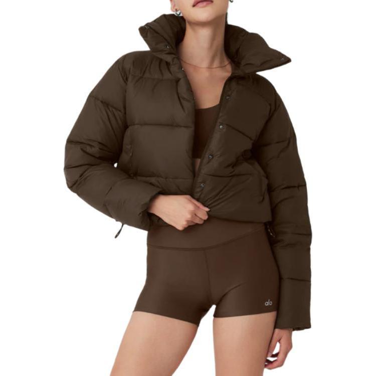 ALO Solid – ColorStand – CollarWarmAdjustableDrawstringLong – SleevePuffer Jacket Women's – Coffee