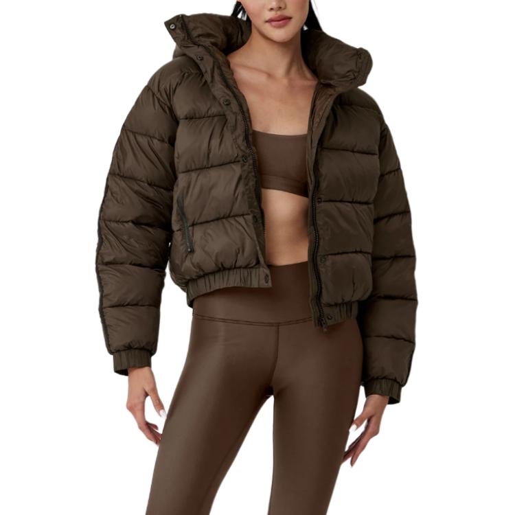 ALO StripedRemovable HoodWaist – DefiningWater – ResistantCroppedPuffer Jacket Women's – Dark Coffee