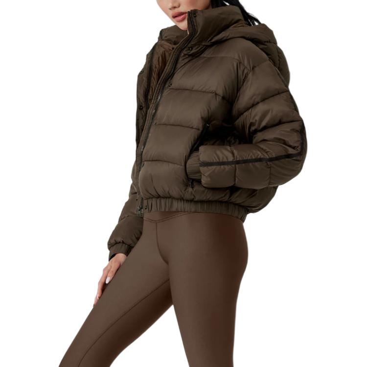 ALO StripedRemovable HoodWaist – DefiningWater – ResistantCroppedPuffer Jacket Women's – Dark Coffee