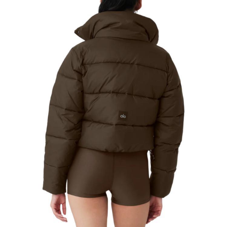 ALO Solid – ColorStand – CollarWarmAdjustableDrawstringLong – SleevePuffer Jacket Women's – Coffee