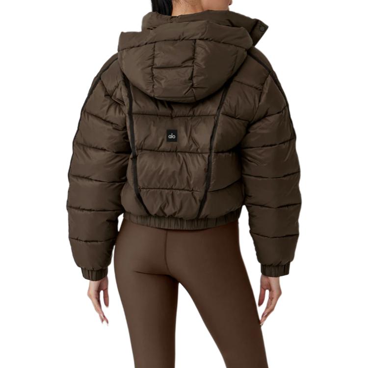 ALO StripedRemovable HoodWaist – DefiningWater – ResistantCroppedPuffer Jacket Women's – Dark Coffee